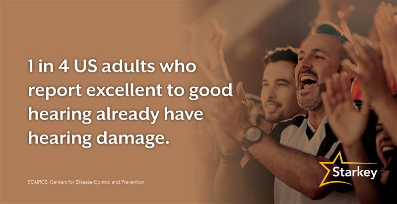 Image of crowd cheering next to text that reads "1 in 4 US adults who report excellent to good hearing already have hearing damage."